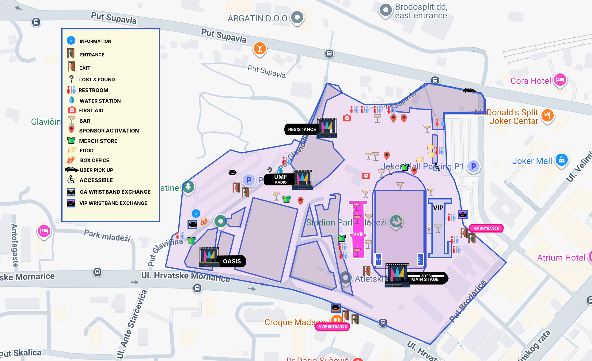 Ultra Europe 2026 festival map at Park Mladeži, Split, showing Main Stage, Resistance, Oasis, and UMF Radio stages, VIP and VVIP zones, entrances, wristband exchanges, food, bars, and first aid stations