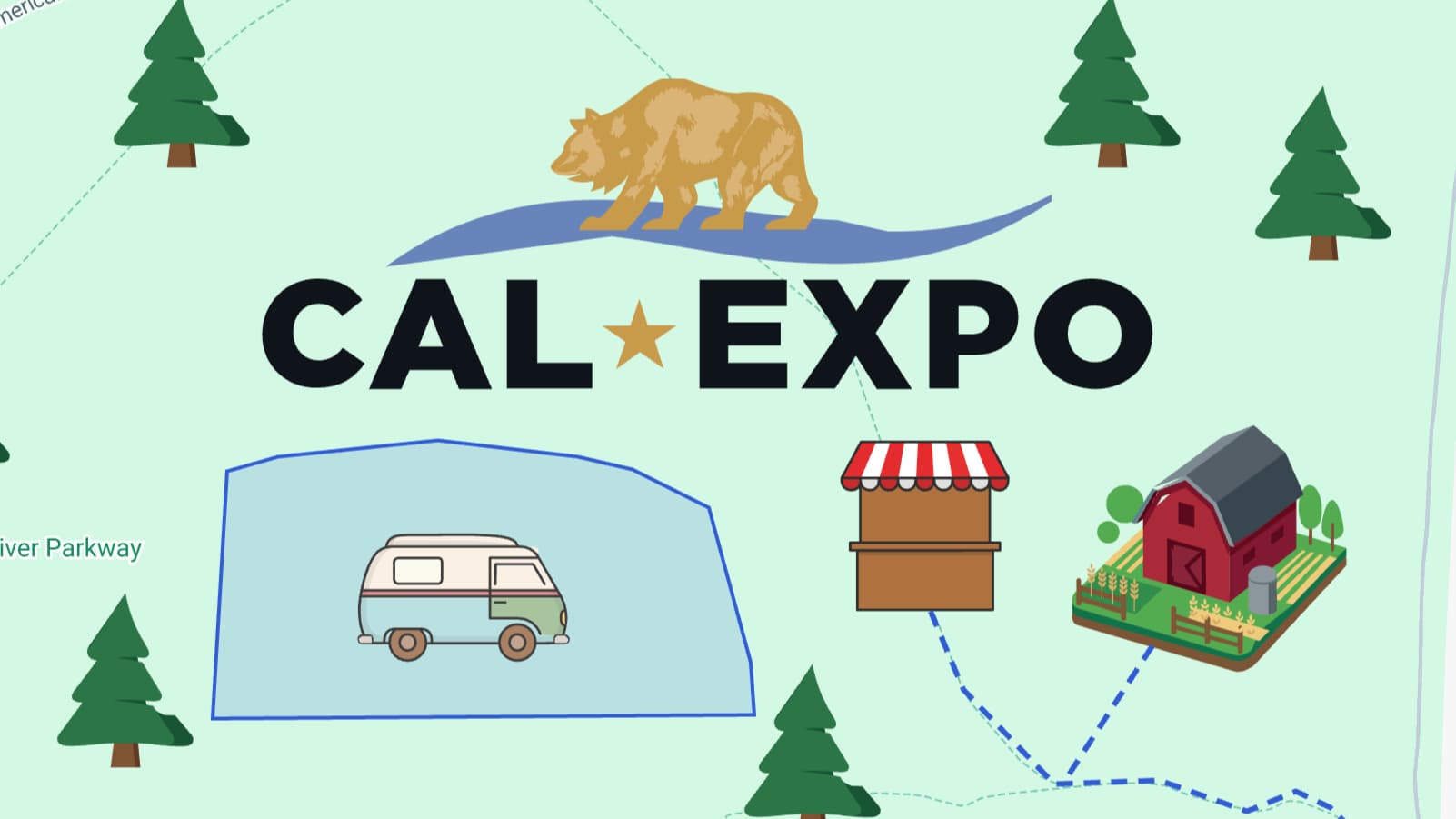 California State Fair 2026 map at Cal Expo, Sacramento, showing The Farm agricultural exhibit, food and vendor booths, the Cal Expo RV Park along the American River Parkway, and fairground entrances