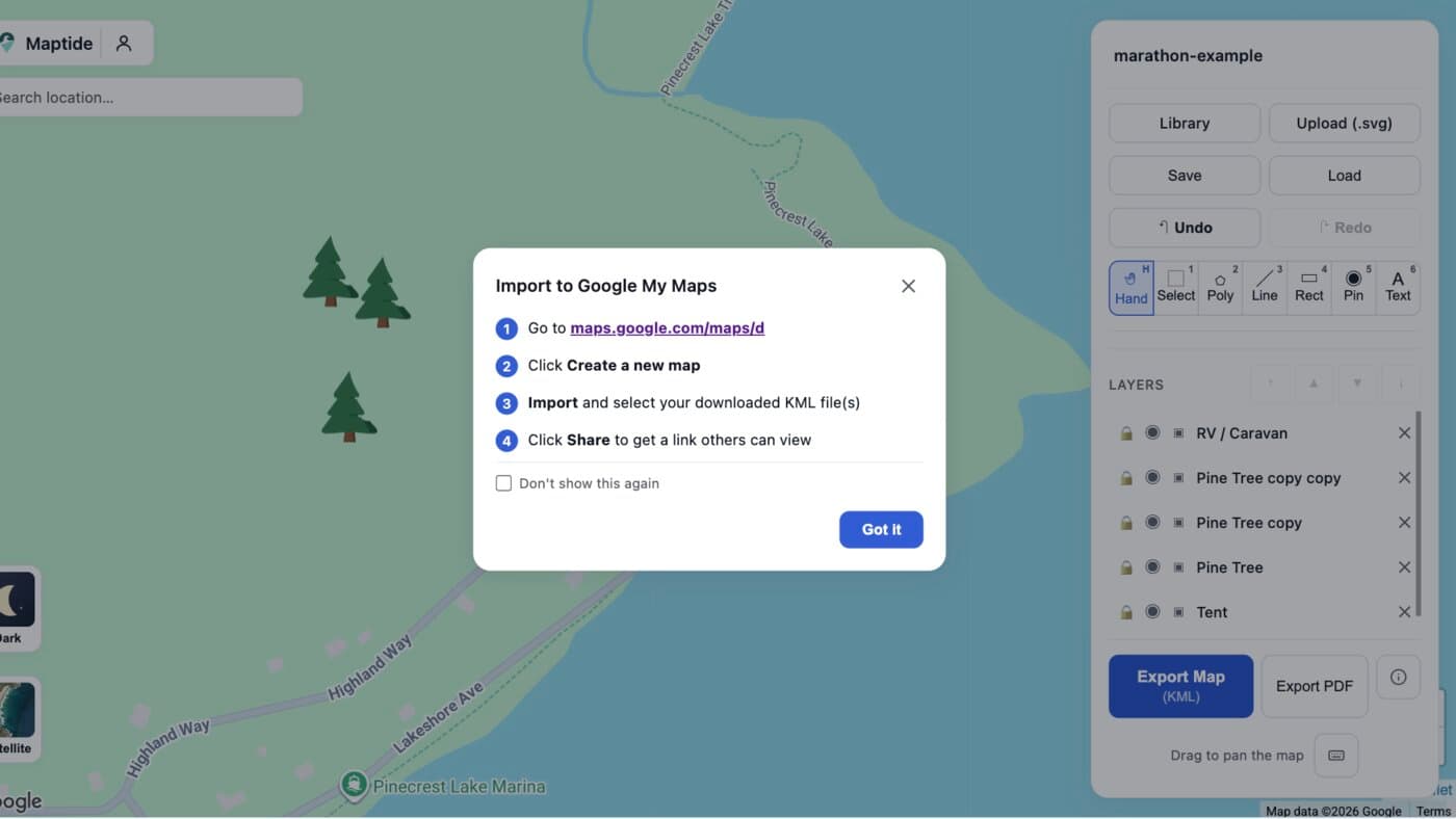 Maptide's post-export dialog walking through how to import a campground map's KML file into Google My Maps to get a live link