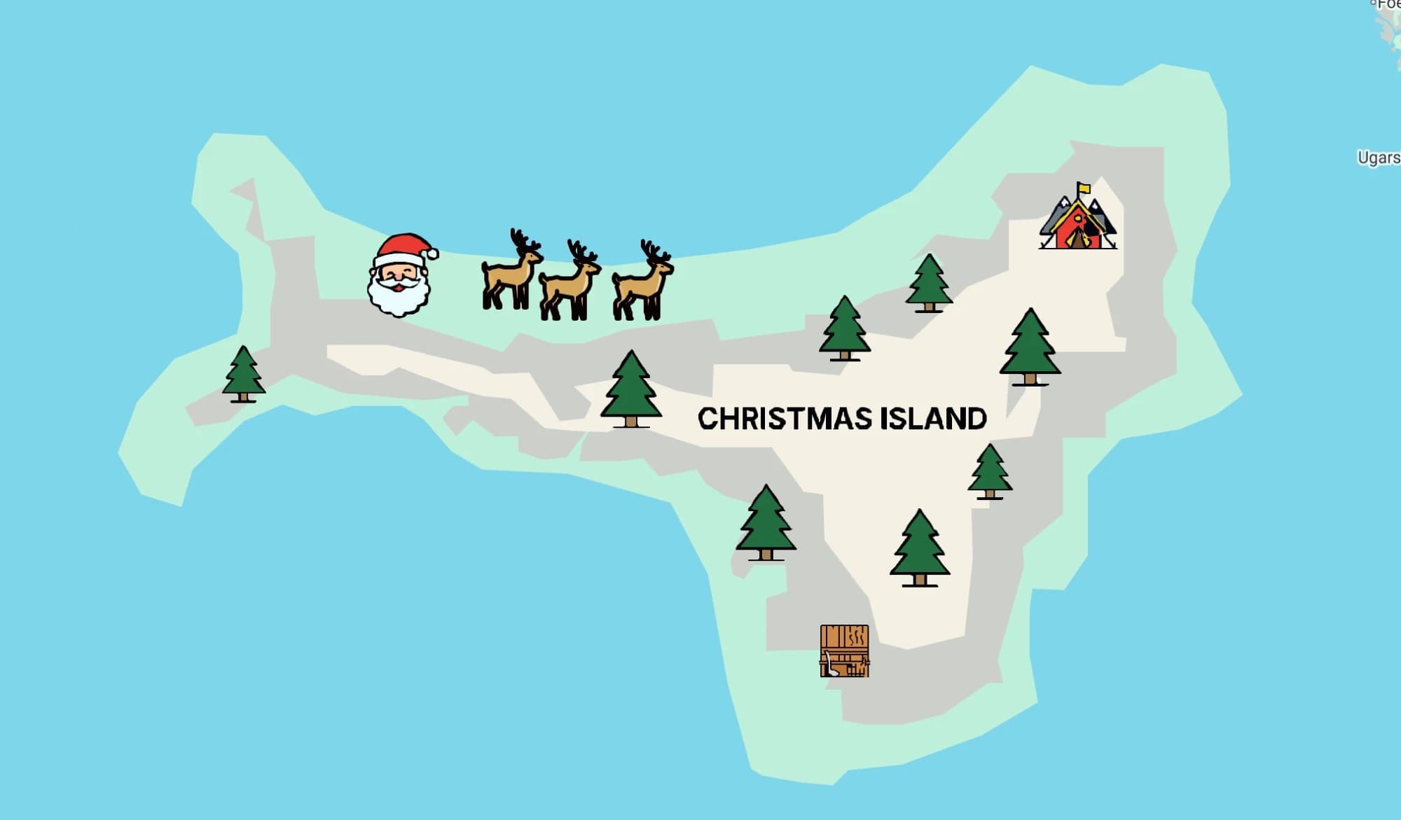 Christmas Island, a made-up festive island on Google Maps with Santa, three reindeer, pine trees, Santa's workshop, and a log cabin