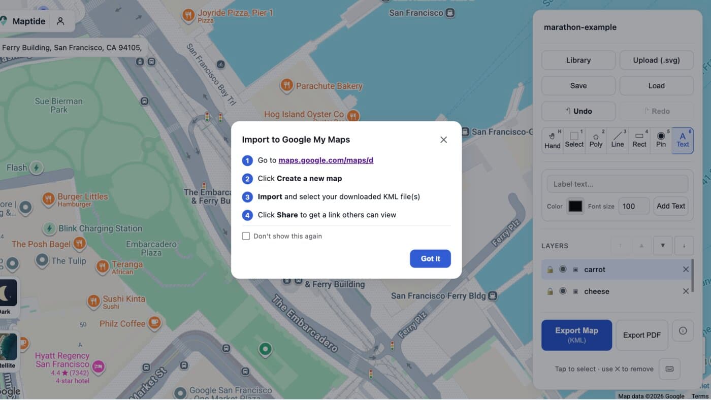 Maptide's post-export dialog walking through how to import a farmers market map's KML file into Google My Maps to get a live link