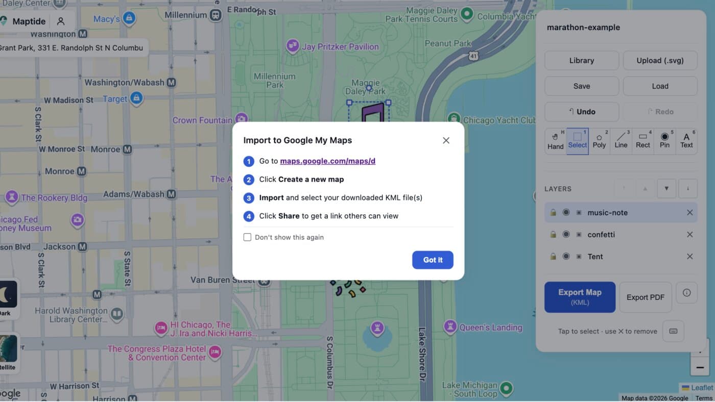 Maptide's post-export dialog walking through how to import a festival map's KML file into Google My Maps to get a live link