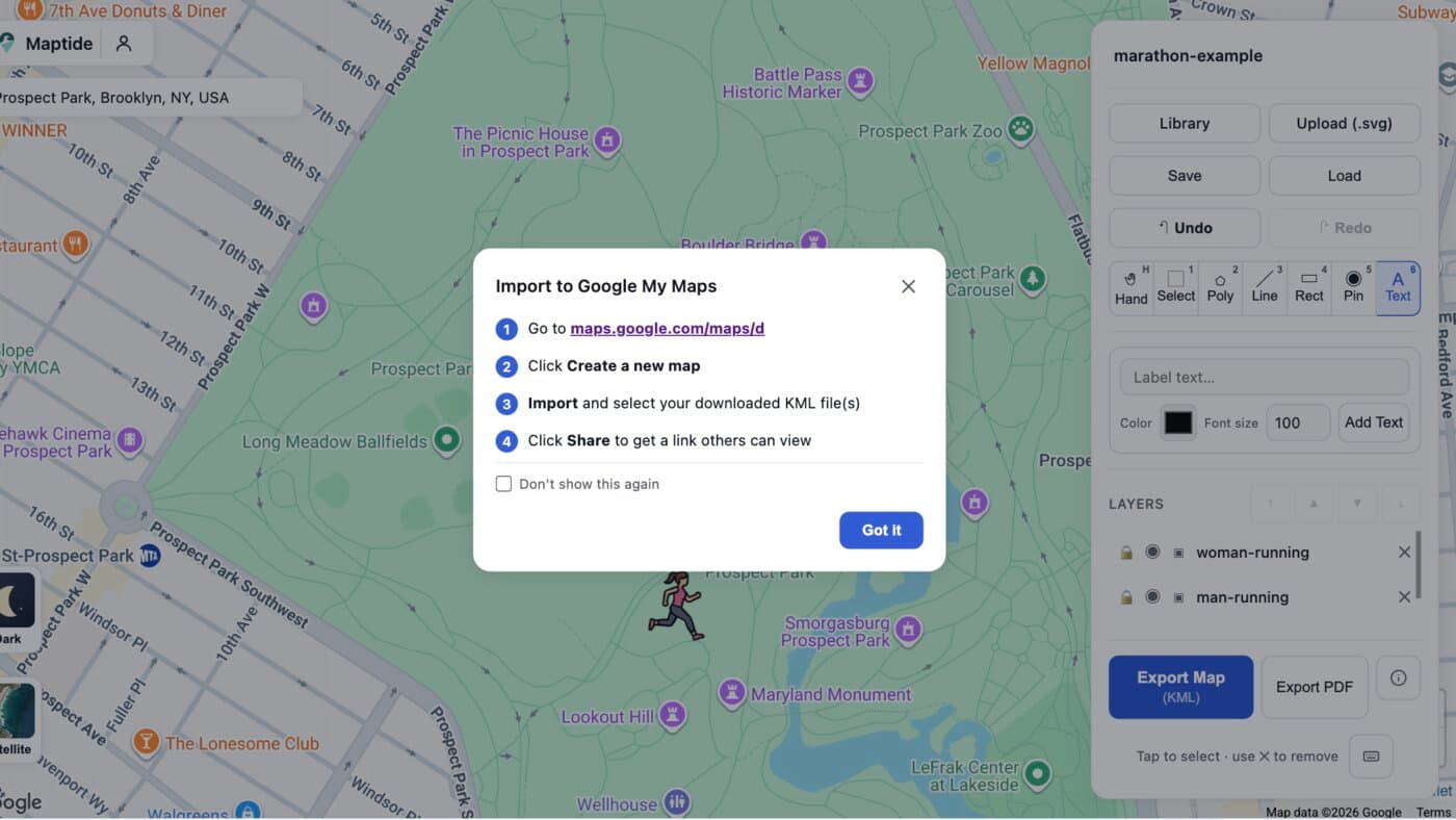 Maptide's post-export dialog walking through how to import a race course map's KML file into Google My Maps to get a live link