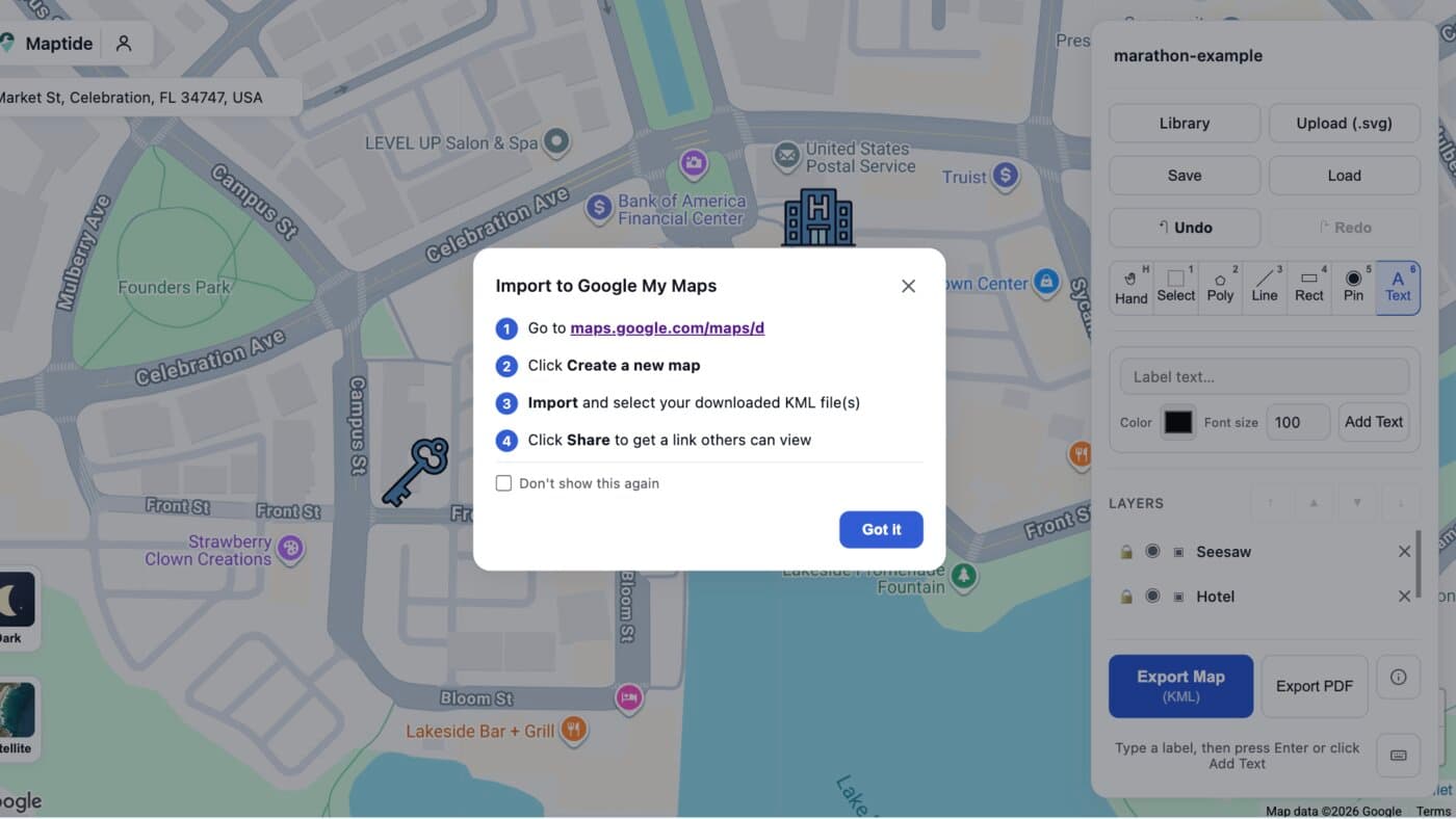 Maptide's post-export dialog walking through how to import an amenity map's KML file into Google My Maps to get a live link