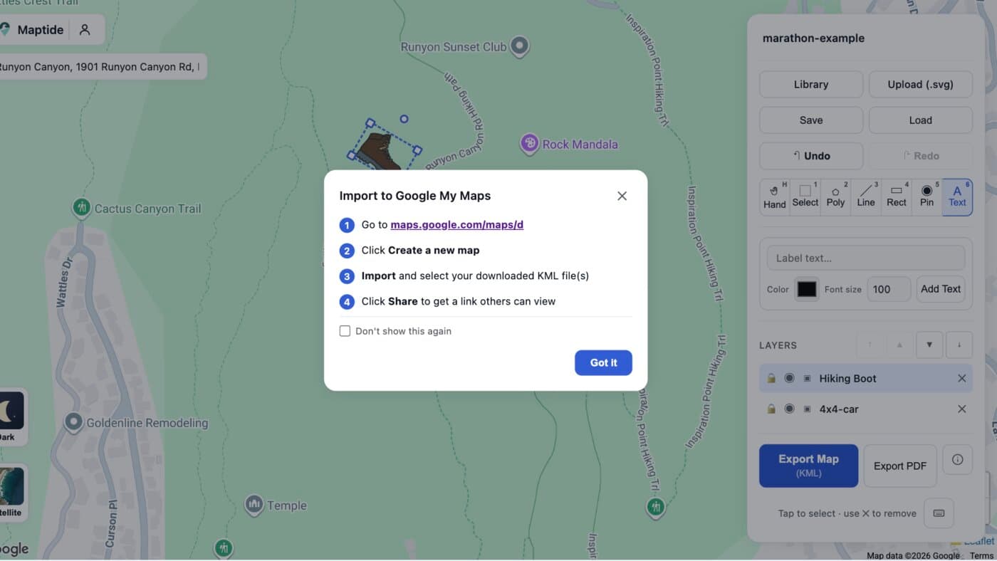 Maptide's post-export dialog walking through how to import a trail map's KML file into Google My Maps to get a live link