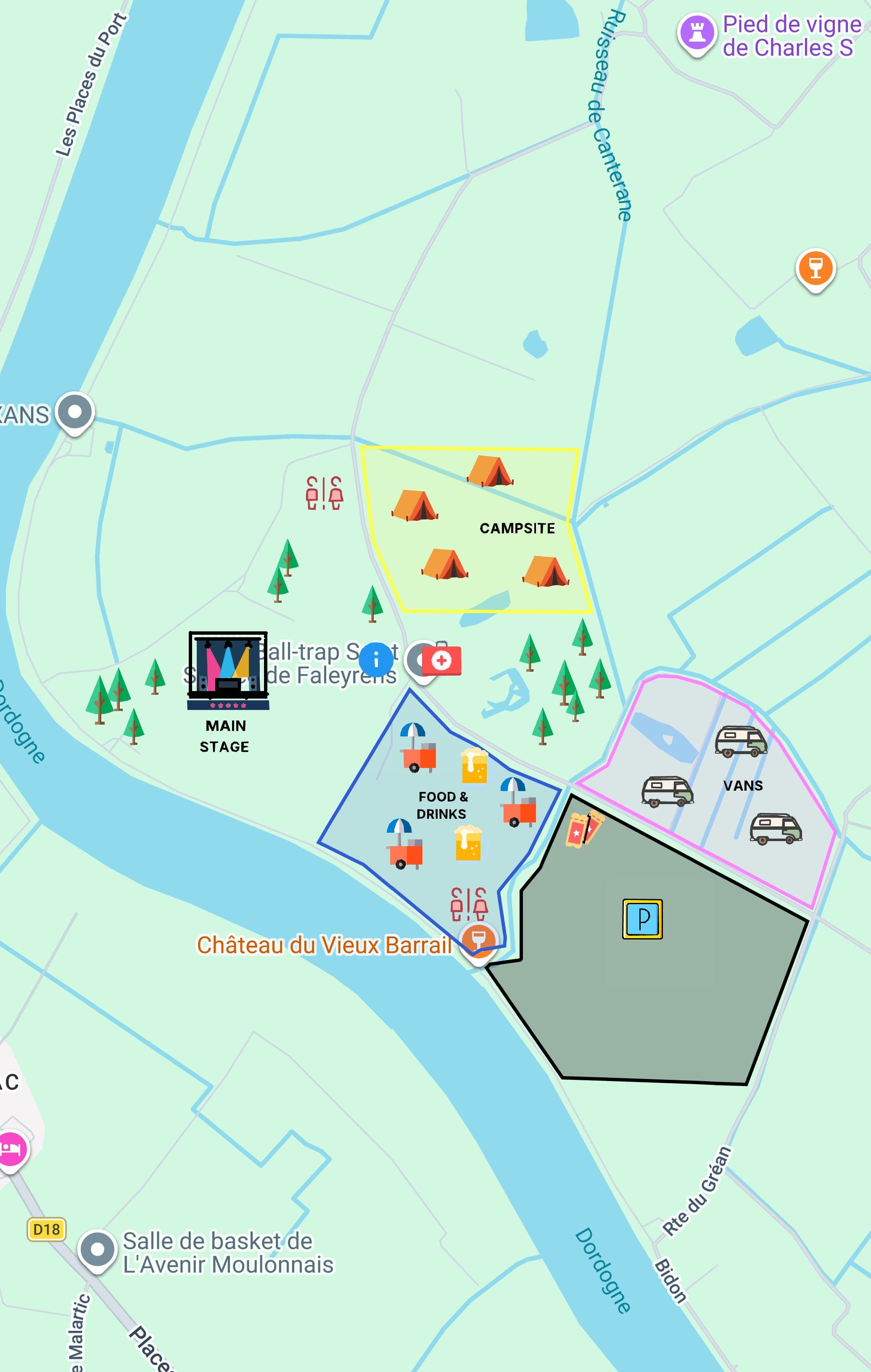 Château du Vieux Barrail styled as a music festival, with campsite, main stage, food and drinks, vans, and parking zones marked on the real map