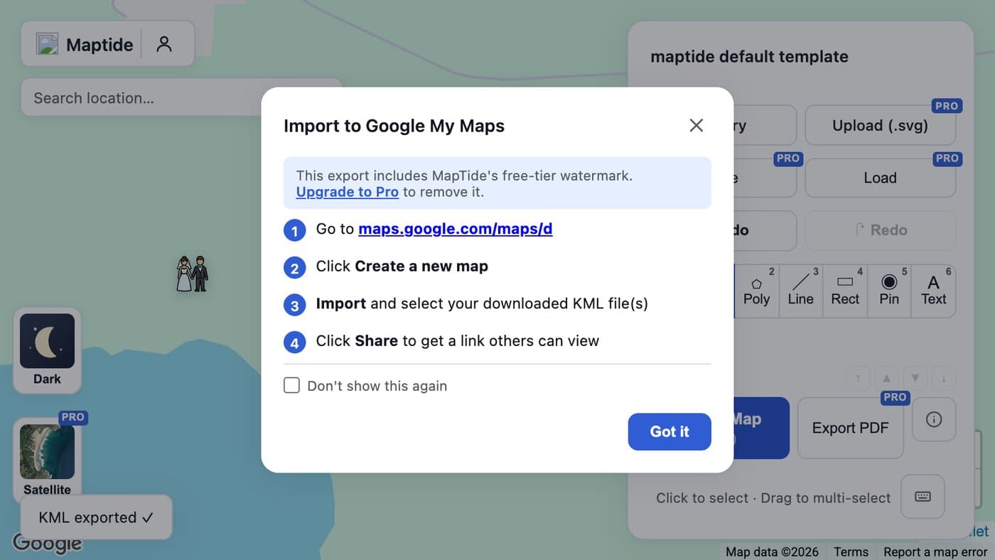 Maptide's post-export dialog walking through how to import a wedding venue map's KML file into Google My Maps to get a live link